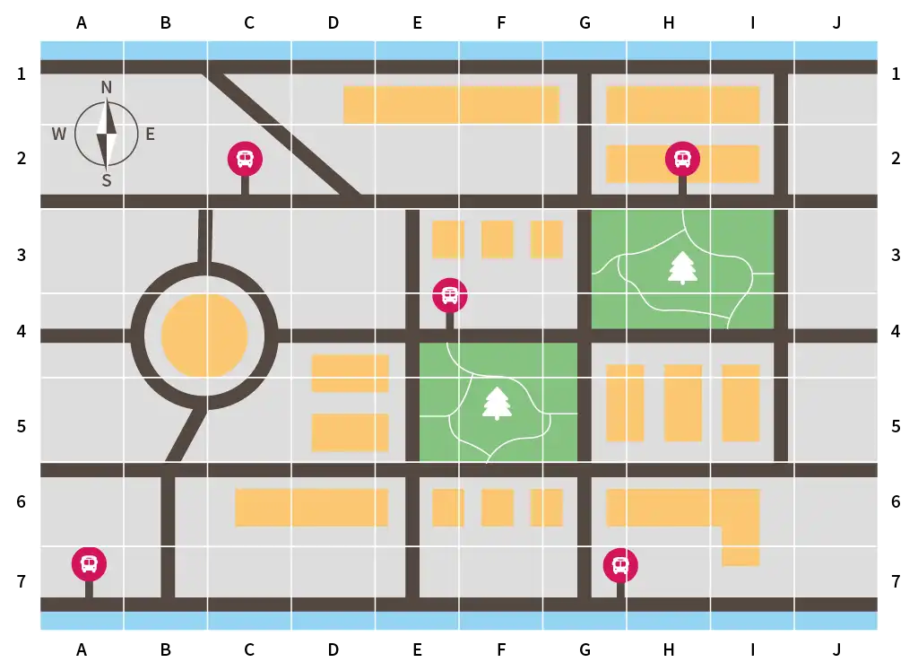 A map with several bus stops and landmarks, used in the Listening Test Advanced 1 by Cantonese Class Today.